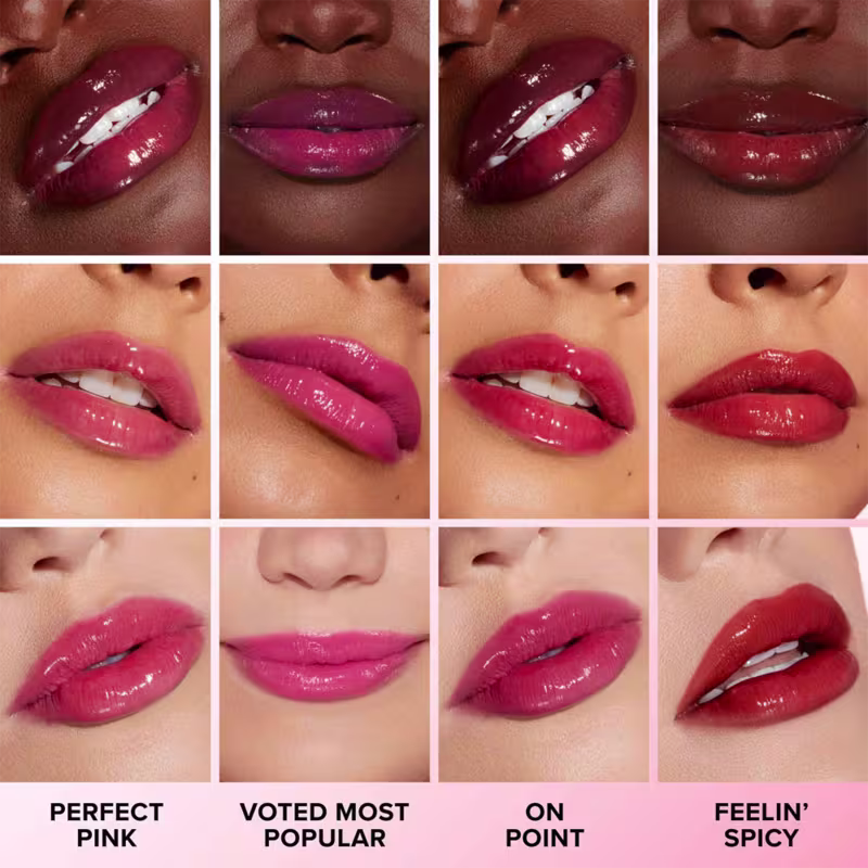 A imagem mostra o resultado de cor do gloss labial nas tonalidades "Perfect Pink", "Voted Most Popular", "On Point" e "Feelin' Spicy".