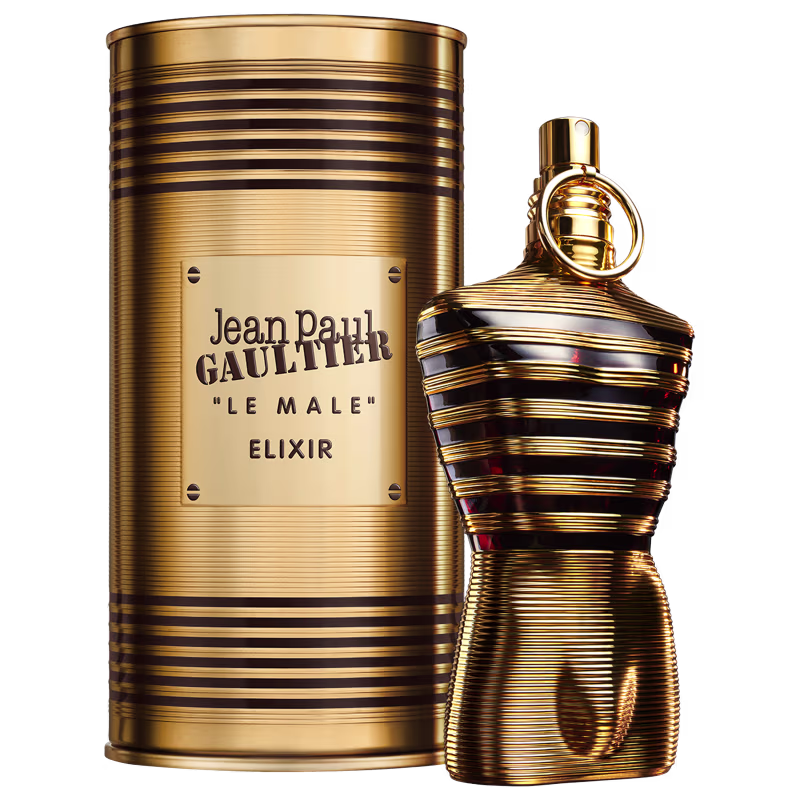 Frasco do perfume ao lado da embalagem que é uma lata dourada.