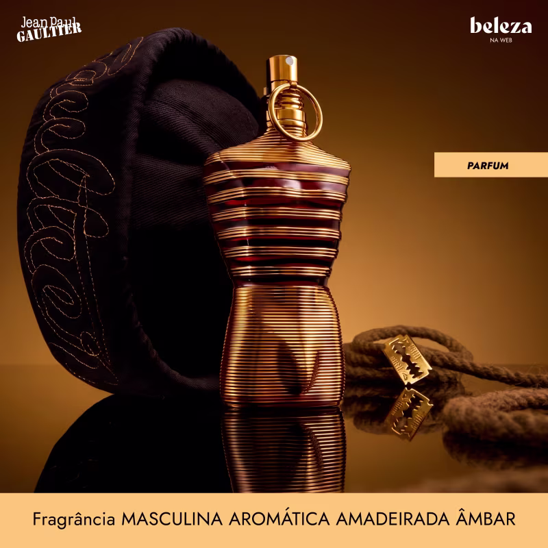 Frasco de item de perfumaria da marca Jean Paul Gaultier com listras douradas e pretas, com logotipo da marca visível.