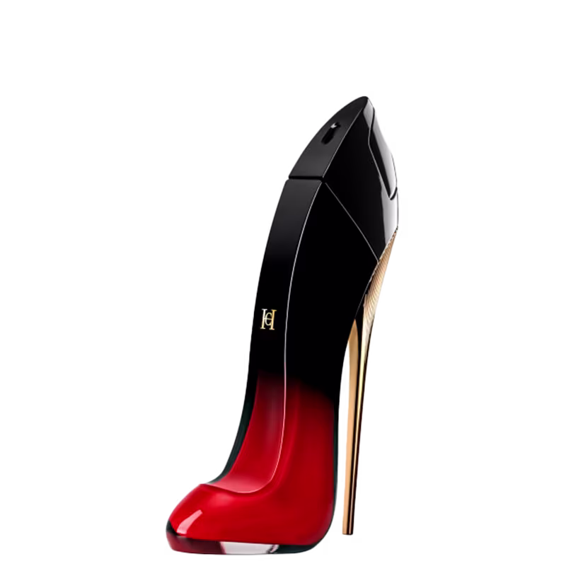 Very Good Girl Elixir Eau de Parfum Carolina Herrera, frasco em formato de salto alto com degradê preto e vermelho intenso.
