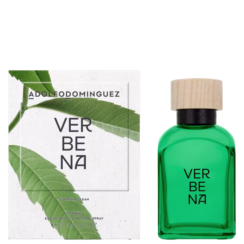 A caixa da embalagem traz imagens de folhas verdes com o nome "Verbena" em destaque.