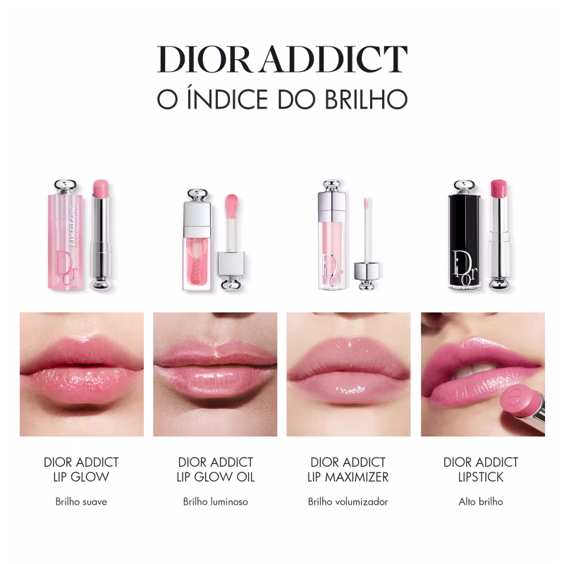 As quatro versões de Dior Addict: Lip Glow, Lip Glow Oil, Lip Maximizer, Addict Lipstick.