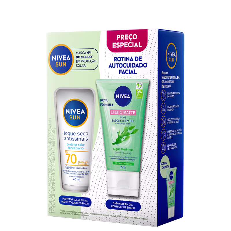 Kit NIVEA Rotina de Autocuidado Facial com protetor solar e sabonete em gel.