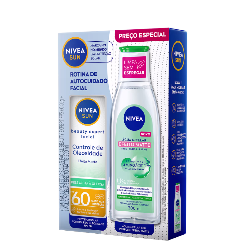 Kit NIVEA Rotina de Cuidado Facial com protetor solar e água micelar.