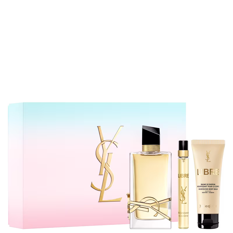 Perfume 90ml, travel size 10ml e loção corporal 50ml. Ao lado, a caixa da embalagem.