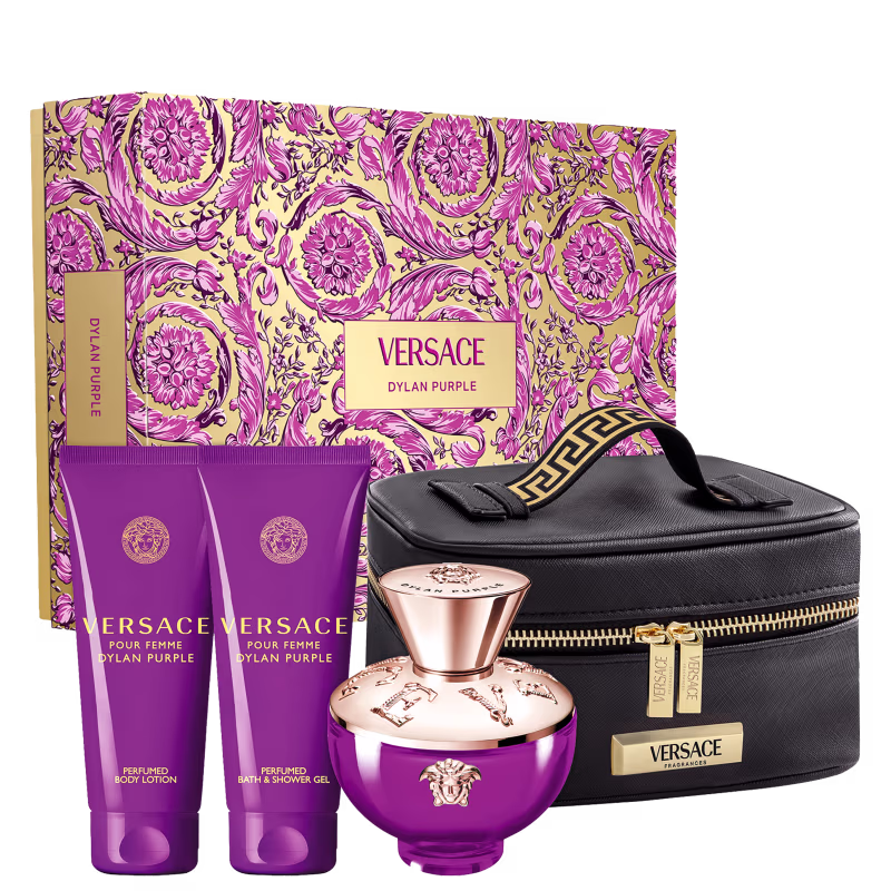 VERSACE DYLAN PURPLE EAU DE PARFUM 100ML, SHOWER GEL 100ML, BODY LOTION 100ML E NECESSAIRE