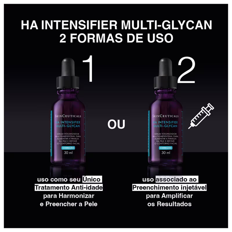 Imagem indica dois modos de uso do sérum HA Intensifier Multi-Glycan da marca SkinCeuticals.