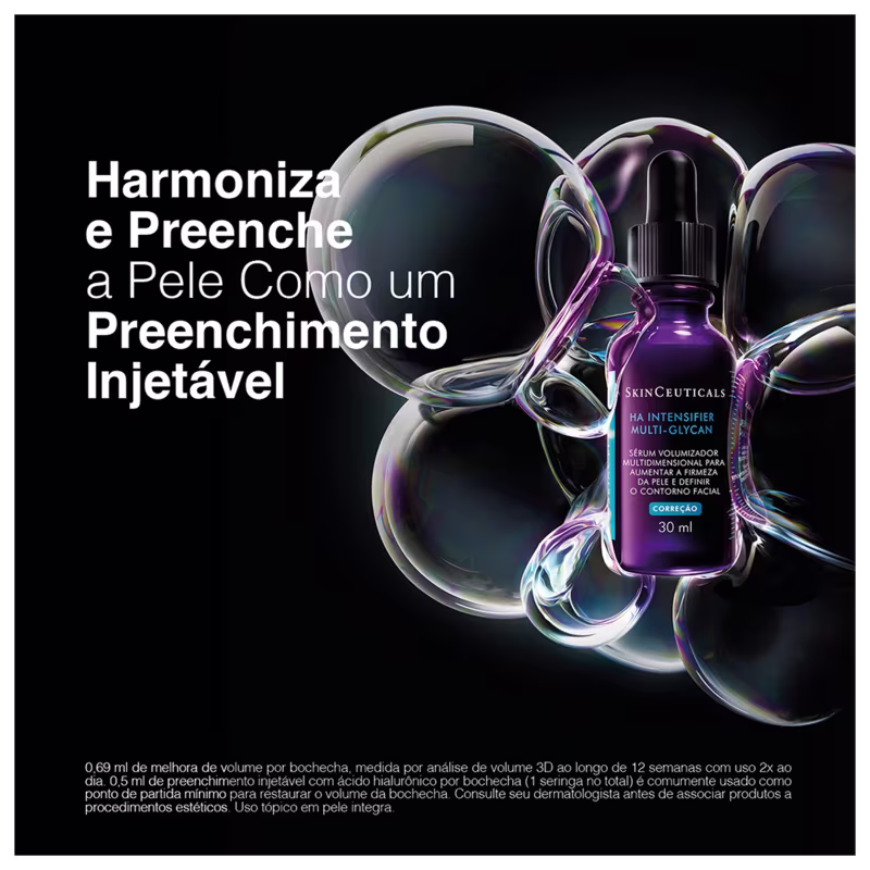 Frasco do sérum HA Intensifier Multi-Glycan da marca SkinCeuticals. Harmoniza e preenche a pele como um preenchimento injetável.