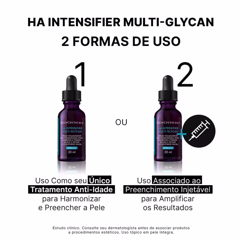 A imagem destaca duas formas de aplicação do produto: como tratamento anti-idade para harmonizar e preencher a pele,
