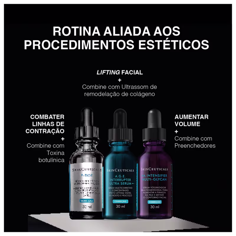 Rotina aliada aos procedimentos estéticos: Lifting facial + Combine com Ultrassom de remodelação de colágeno; Combater linhas de contração + Combine com Toxina botulínica; Aumentar volume + Combine com Preenchedores. Produtos da marca SkinCeuticals.