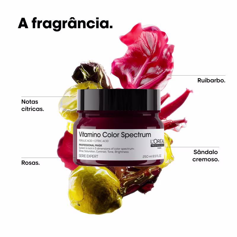 O produto apresentado é a máscara da linha Vitamino Color Spectrum da L'Oréal Professionnel. Destaca os ingredientes da fragrância: notas cítricas, rosas e sândalo cremoso.