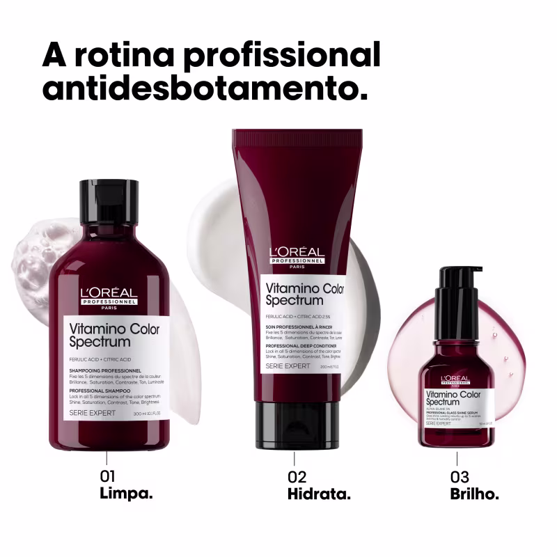 A rotina profissional antidesbotamento: 01 Shampoo - Limpa; 02 Condicionador - Hidrata; 03 Sérum - Brilho.