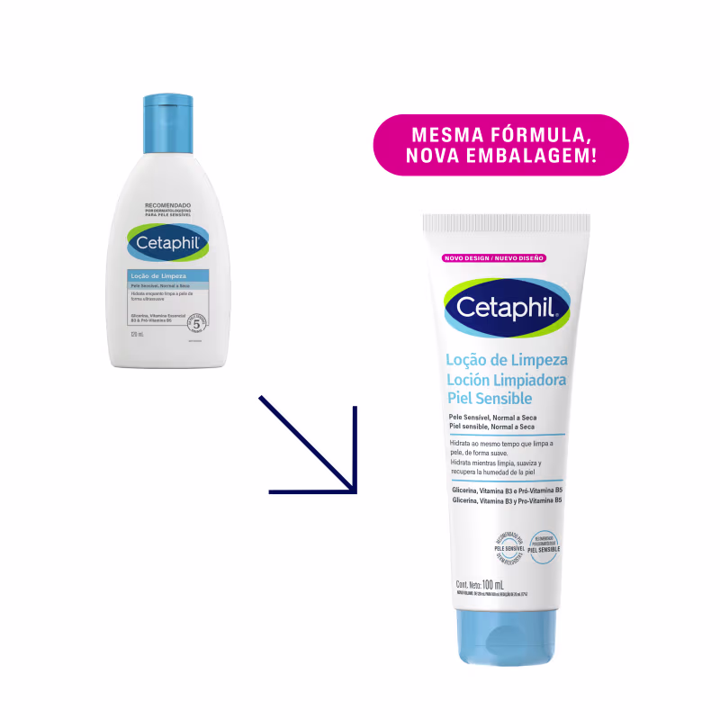 "Mesma fórmula, nova embalagem! Loção de Limpeza Piel Sensible - Pele Sensível, Normal a Seca. Glicerina, Vitaminas B3 e Pro-Vitamina B5."