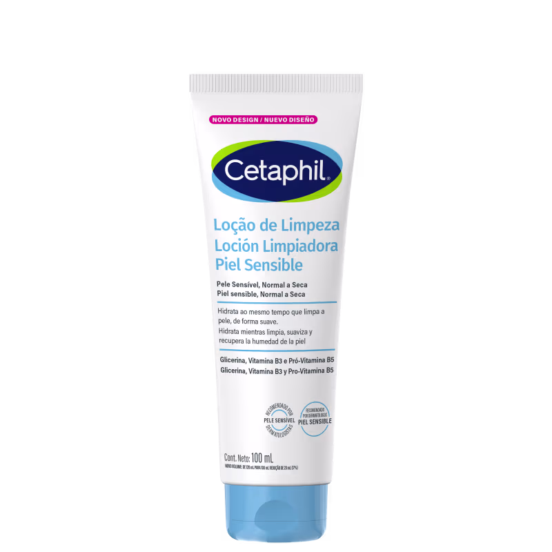 Tubo de limpeza facial da marca Cetaphil, com 100 ml de conteúdo. O rótulo apresenta o nome da marca em destaque, junto com a descrição "Loção de Limpeza Piel Sensible" e informações sobre os ingredientes e benefícios do produto.