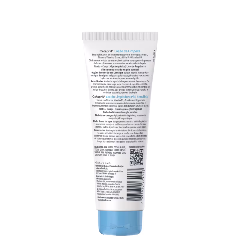 Tubo de limpeza facial da marca Cetaphil, com 100 ml de conteúdo. O rótulo apresenta o nome da marca em destaque, junto com a descrição "Loção de Limpeza Piel Sensible" e informações sobre os ingredientes e benefícios do produto.