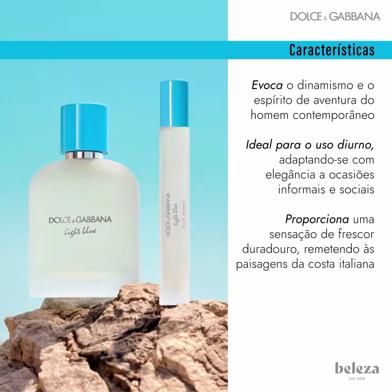 Evoca o dinamismo e o espírito de aventura do homem contemporâneo. Ideal para o uso diurno, adaptando-se com elegância a ocasiões informais e sociais. Proporciona uma sensação de frescor duradouro, remetendo às paisagens da costa italiana.