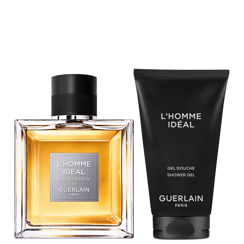 Frasco de perfume L'Homme Ideal da Guerlain em embalagem de vidro com tampa preta e rótulo prateado. Gel de banho L'Homme Ideal da Guerlain em embalagem preta com texto branco.