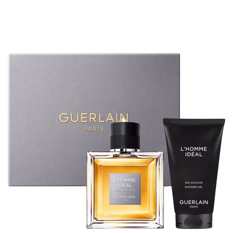 Conjunto de produtos Guerlain Paris, incluindo um frasco de perfume L'Homme Ideal e um de gel de banho da mesma linha, em caixa cinza com letras douradas
