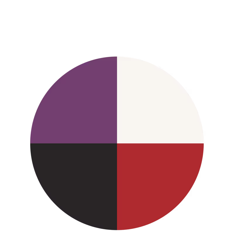 Quatro quadrantes de cores contrastantes: roxo, branco, preto e laranja.