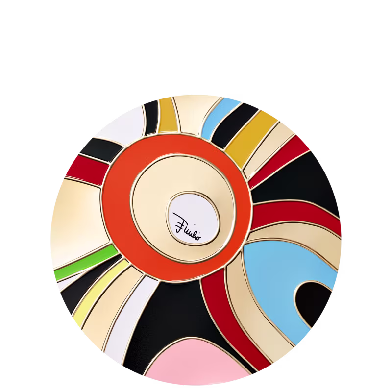 Estojo de maquiagem Guerlain com design geométrico em tons vibrantes de laranja, amarelo, vermelho e preto.