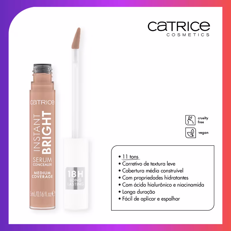 11 tons, Corretivo de textura leve, Cobertura média construível, Com propriedades hidratantes, Com ácido hialurônico e niacinamida, Longa duração, Fácil de aplicar e espalhar.