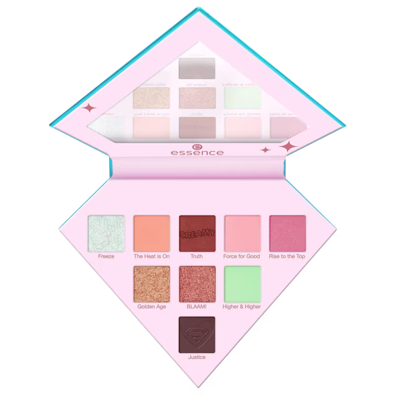 Paleta de sombras de olhos da marca Essence, com 12 tons em tons neutros, rosados e dourados, em embalagem rosa e azul com estrelas.