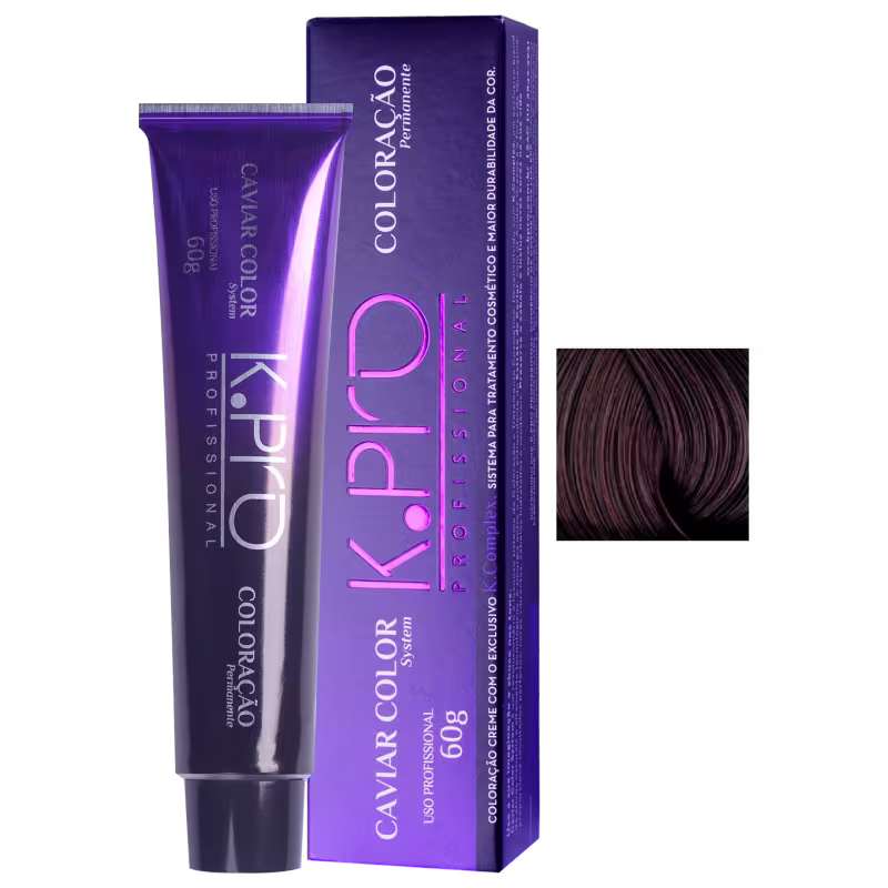 Caixa e tubo de tinta de cabelo da marca Cavalor Color, na cor violeta, com texto em inglês e rosa destacado. O produto é apresentado em embalagem típica de tintura capilar.