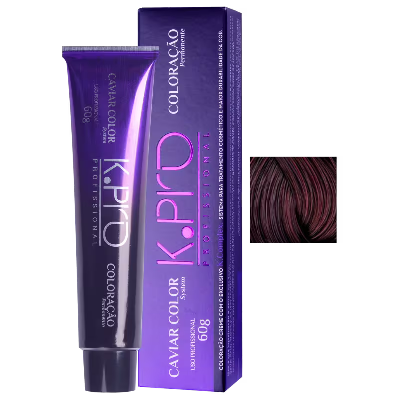 Caixa e tubo de tinta de cabelo da marca Cavalor Color, na cor violeta, com texto em inglês e rosa destacado. O produto é apresentado em embalagem típica de tintura capilar.