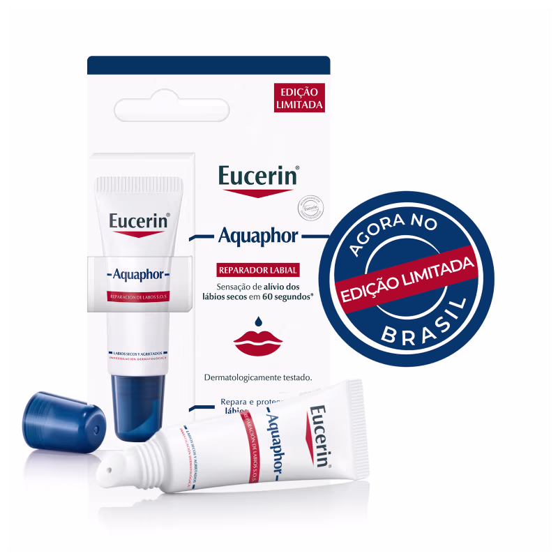Embalagem de edição limitada do reparador labial Aquaphor da marca Eucerin, com texto "Edição Limitada" e "Agora no Brasil" em destaque.