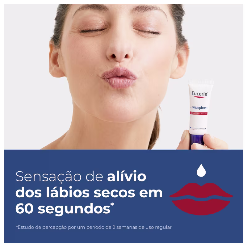 Imagem mostra uma mulher com os olhos fechados e lábios entreabertos, segurando um tubo de produto da marca Eucerin Aquaphor, com texto "Sensação de alívio dos lábios secos em 60 segundos" visível.