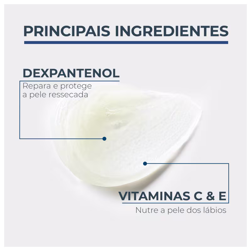 Textura de produto de cuidados para pele com aspecto cremoso, brilhante e translúcido, apresentado em recipiente branco com rótulo azul contendo os principais ingredientes Dexpantenol e Vitaminas C e E.