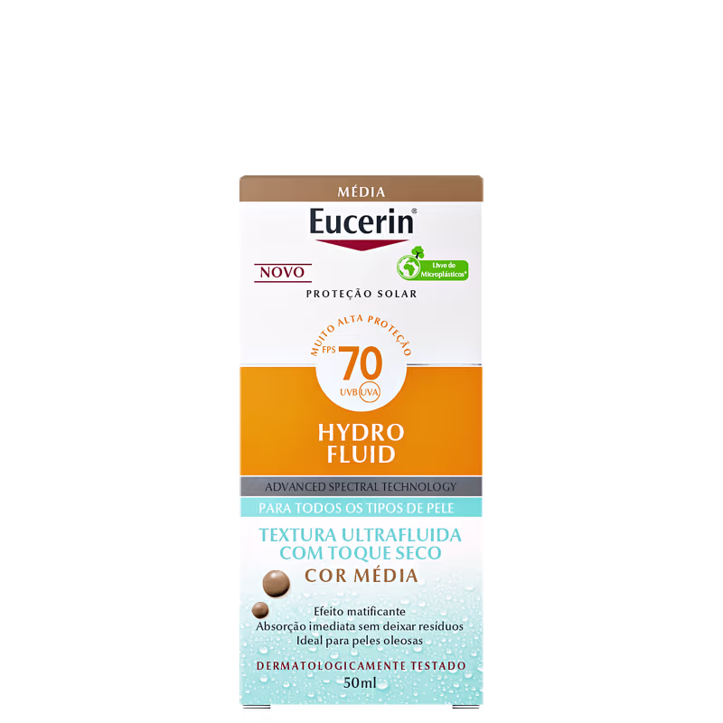 Protetor Solar Facial Eucerin Hydro Fluid FPS70 Cor Média, 50ml.