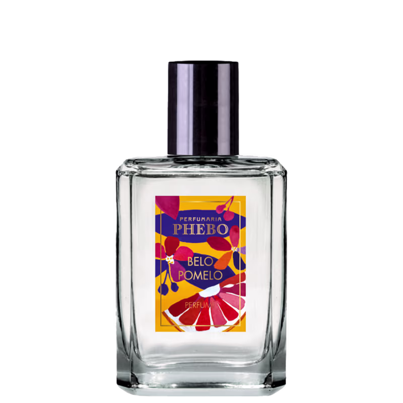 Frasco de perfume Phebo Belo Pomelo, com embalagem de vidro transparente e rótulo colorido em tons de vermelho, amarelo e roxo, destacando o nome da fragrância.