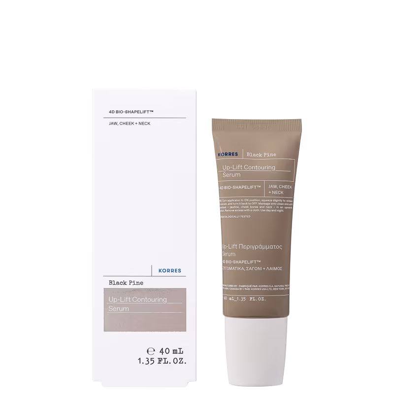 O produto é um sérum de contorno Up-Lift da marca Korres, na cor preta e bege, com embalagem de tubo de 40 mL. O rótulo destaca os benefícios do produto para a área do queixo, bochecha e pescoço.