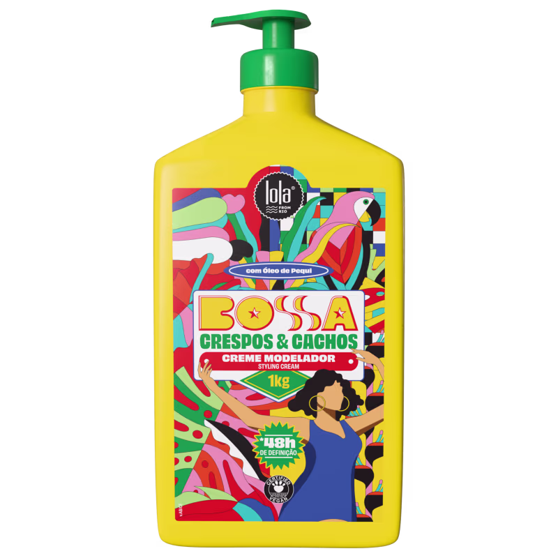 Creme modelador Bossa Crespos & Cachos da marca Lola From Rio, em embalagem plástica amarela com detalhes coloridos e ilustrações de uma mulher com cabelos cacheados.