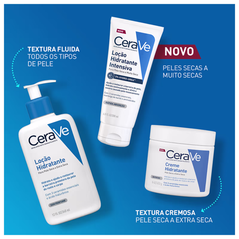 Produtos da marca CeraVe: loção hidratante para pele seca a extra seca, creme hidratante para pele seca a extra seca e locão hidratante intensiva para pele seca. Embalagens em frascos e caixas com cores predominantes azul e branco.