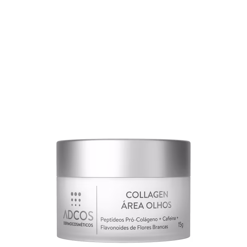 Recipiente branco com rótulo cinza e texto "COLLAGEN ÁREA OLHOS". Contém 15g de produto. Rótulo indica "Peptídeos Pró-Colágeno + Cafeína + Flavonoides de Flores Brancas" como ingredientes.