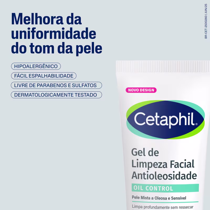 Embalagem de gel de limpeza facial antioleoside da marca Cetaphil. Destaca-se como hipoalergênico, de fácil espalhabilidade, livre de parabenos e sulfatos, e dermatologicamente testado.