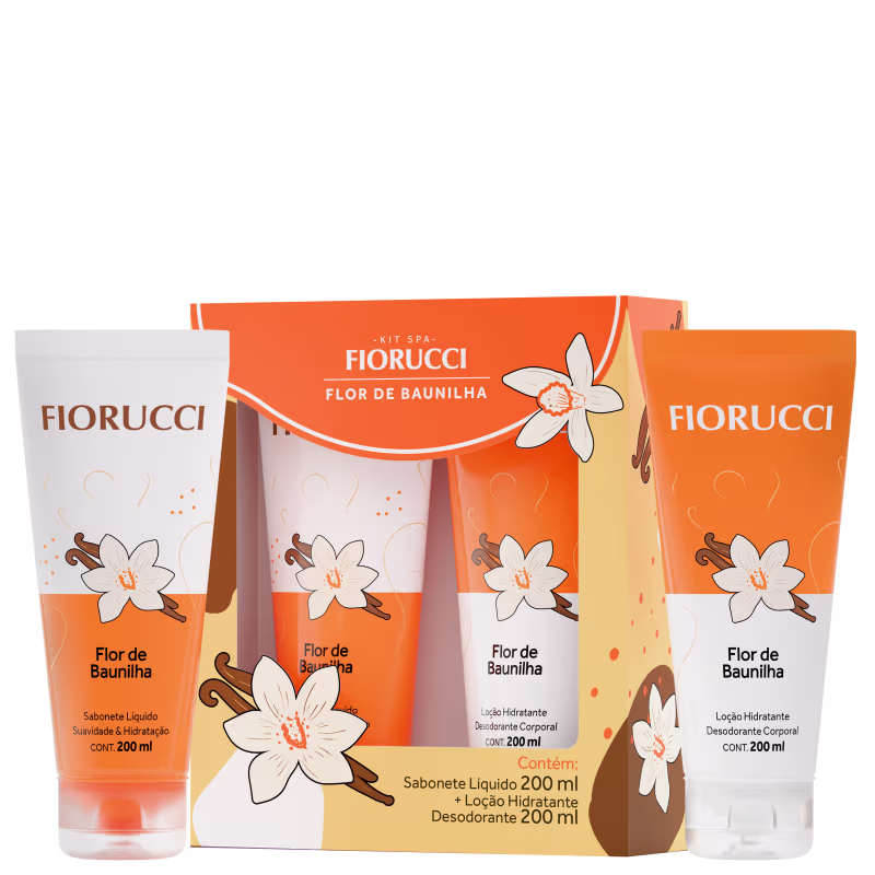 Kit Spa Fiorucci Flor de Baunilha contendo sabonete líquido de 200 ml e loção hidratante desodorante corporal de 200 ml, em embalagens laranja e branca com flores brancas e detalhes em marrom.
