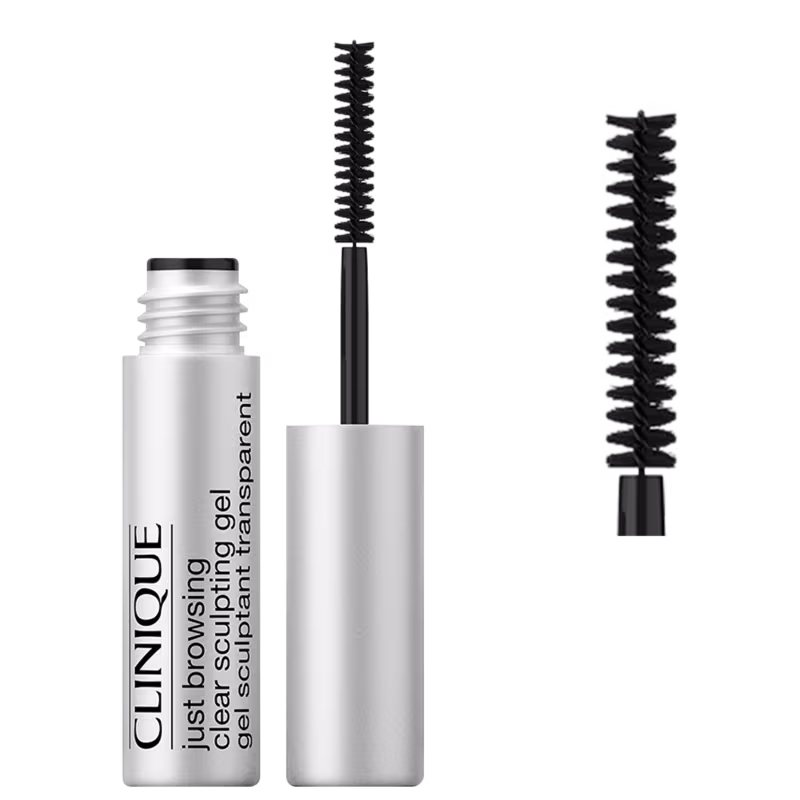 Produto de beleza Clinique em embalagem branca e preta, contendo um frasco e um aplicador de gel de sobrancelhas com cerdas pretas. O rótulo indica "Just Browsing Gel Sculpt Transparent Gel Solvent" e "Clinique".