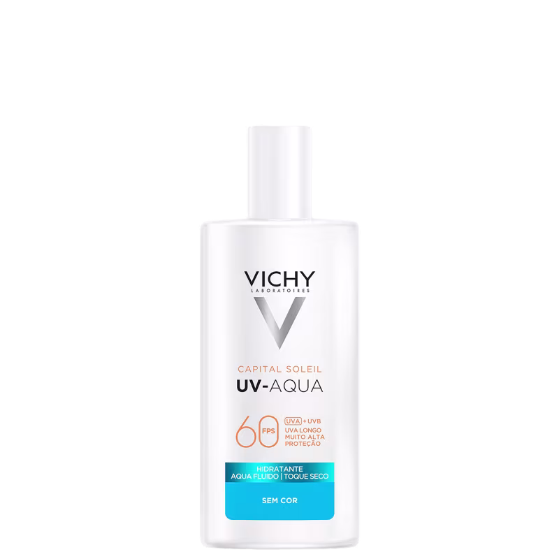 Frasco branco da linha Capital Soleil UV-Aqua da Vichy, com proteção solar FPS 60 e indicação de hidratante, aqua fluido e toque seco, sem cor.