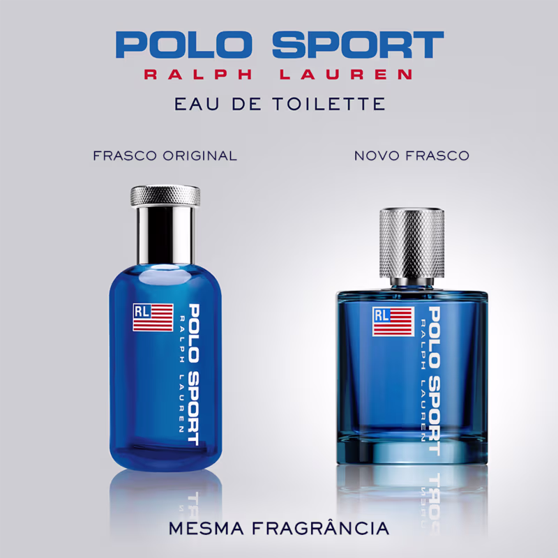 Dois itens de perfumaria da marca Polo Sport Ralph Lauren. O frasco da esquerda é o "Frasco Original" e o da direita é o "Novo Frasco". Ambos os frascos possuem design metálico e rótulos azuis com a marca.