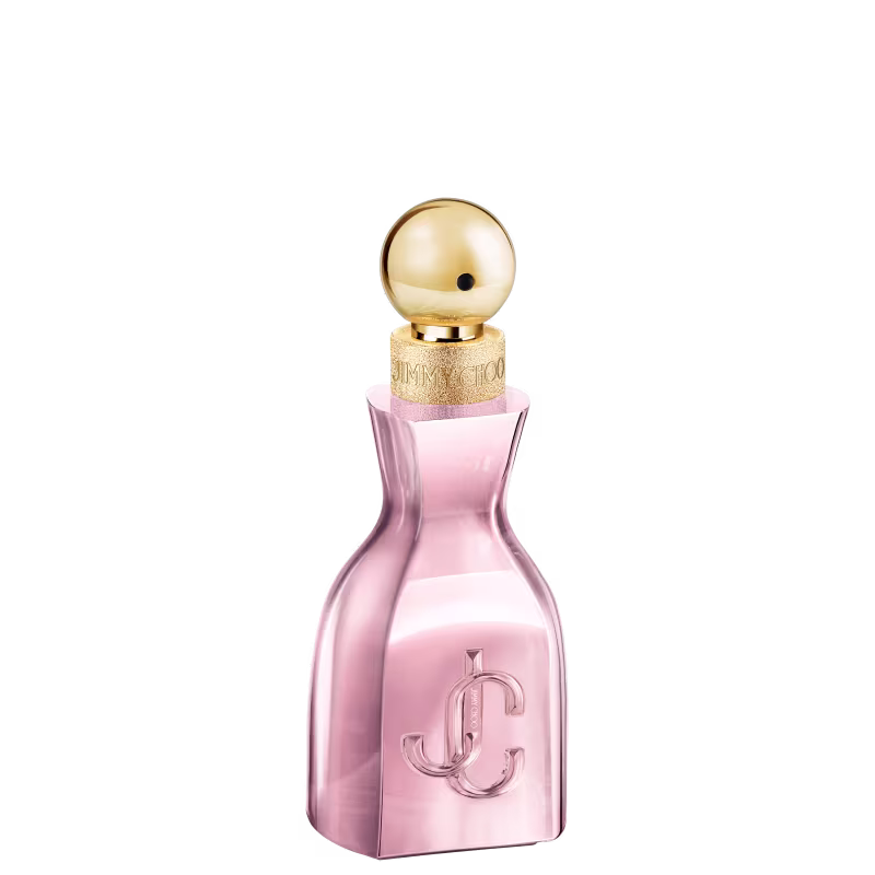 Frasco de perfume rosa da marca Jimmy Choo, com tampa dourada em formato esférico. O rótulo exibe o logotipo da marca em dourado.