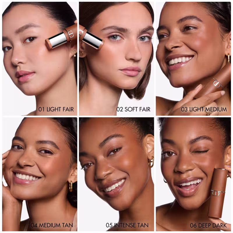Cores disponíveis dos produtos e os tons de pele que combinam