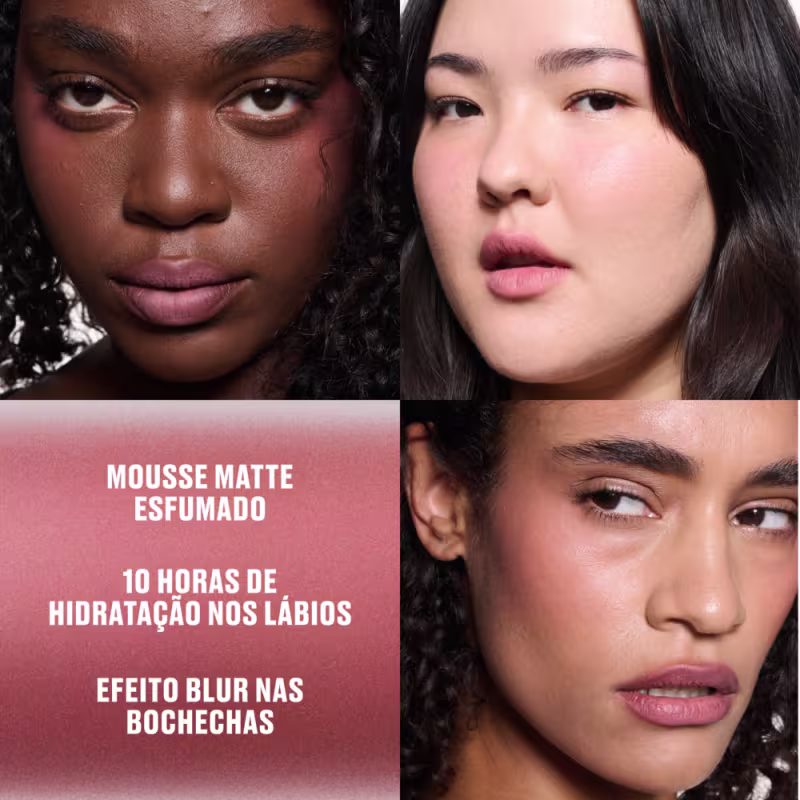 A imagem mostra o produto de beleza "Mousse Matte Esfumado" com informações sobre suas características, incluindo "10 horas de hidratação nos lábios" e "Efeito blur nas bochechas".