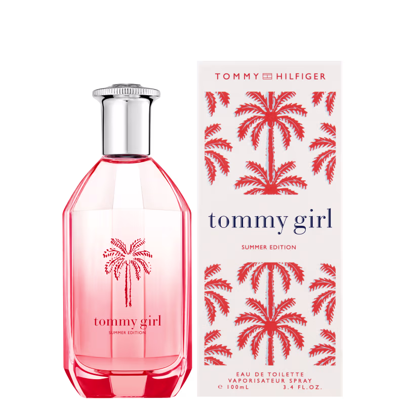 Frasco de perfume Tommy Girl Summer Edition da marca Tommy Hilfiger, com embalagem branca e vermelha exibindo estampa de palmeiras. Produto de 100 mL, com rótulo destacando o nome "tommy girl" e a descrição "Summer Edition".