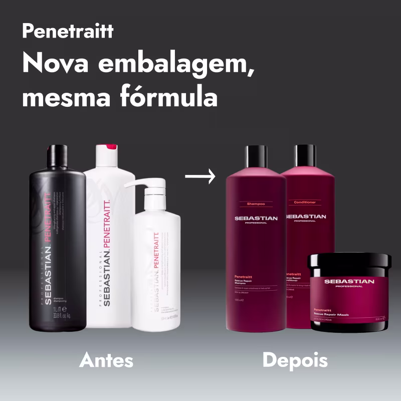 Produtos de tratamento capilar da marca Sebastian, incluindo shampoo, condicionador e máscara reparadora, em embalagens plásticas e metálicas de cores predominantemente vermelhas e pretas.