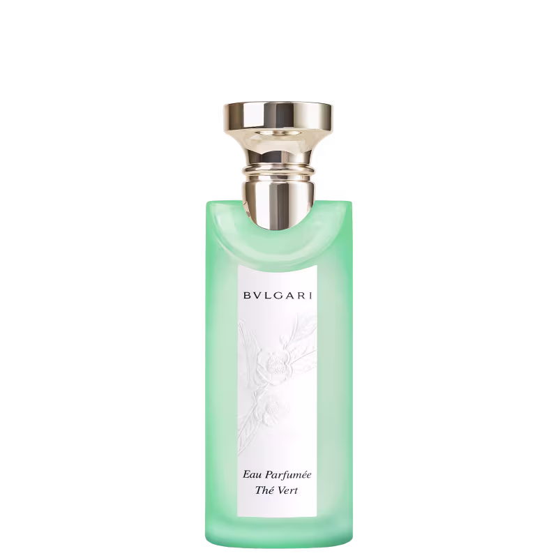 Frasco de perfume Bvlgari Eau Parfumée The Vert, com design elegante em tons de verde e branco, rótulo com nome da marca e nome do produto.