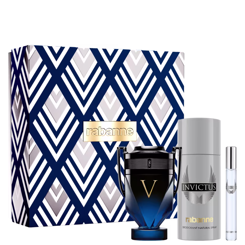 Conjunto Invictus Victory Elixir Rabanne Masculino - Perfume Parfum Intense 100ml + Desodorante 150ml + Travel Size 10ml