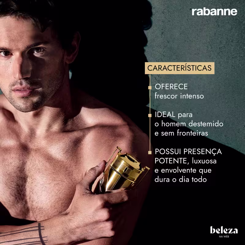 Homem musculoso segurando um item de perfumaria dourado da marca Rabanne, que possui presença potente, luxuosa e envolvente que dura o dia todo, ideal para homens destemidos e sem fronteiras.